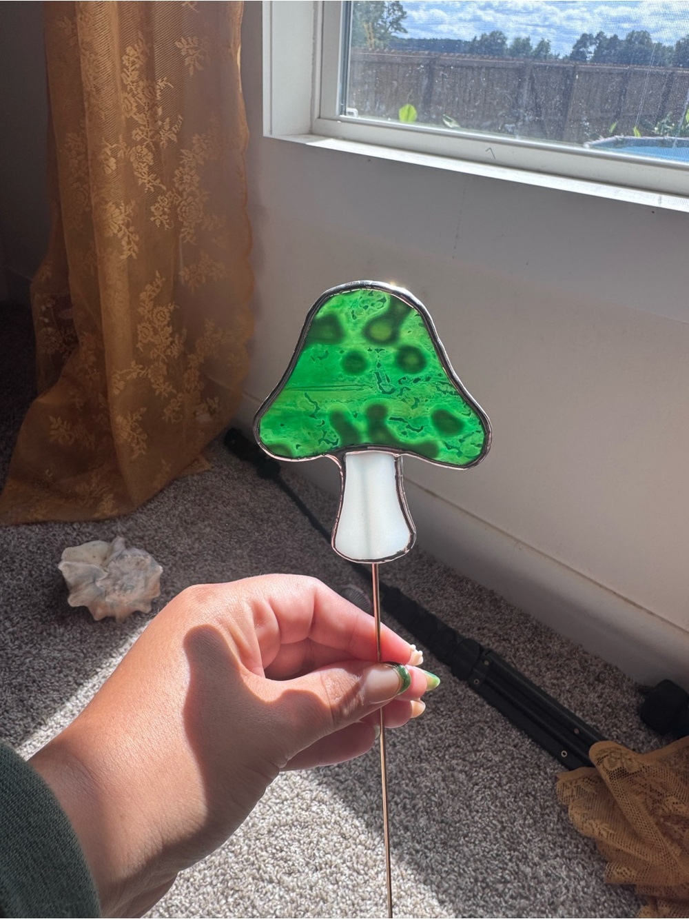 Handcrafted Green Stained Glass Mushroom Garden Stake lead free!!